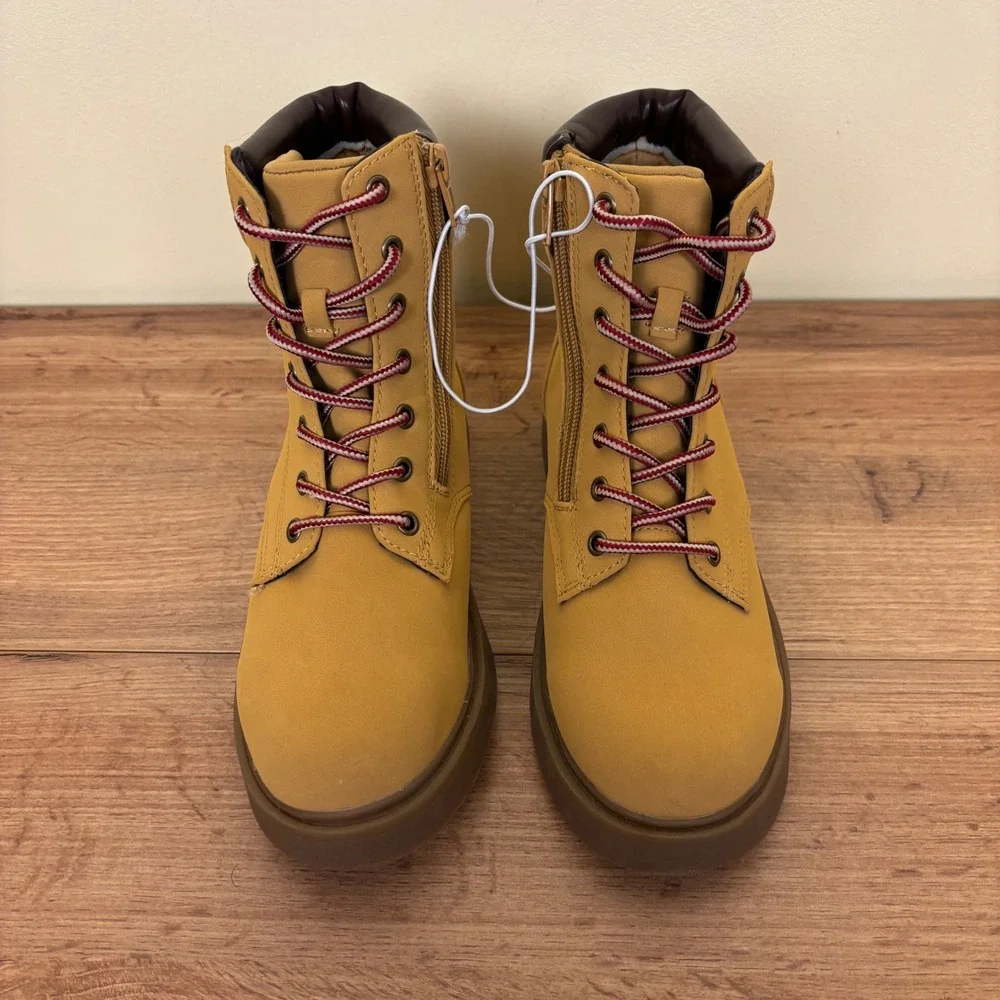STEVE MADDEN JJumble Combat Boots Tan Kids Size 4 Side Zip Lace‎ Up Low Heel